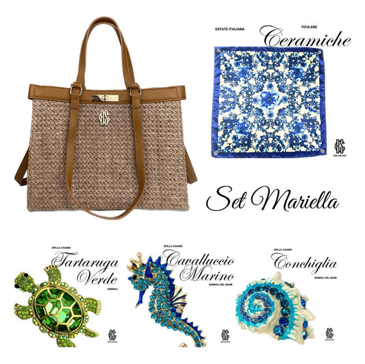 Set Mariella Borsa Ischia, Foulard Ceramiche Blu, Spilla Charm Tartaruga, Spilla Charm Cavalluccio Marino e Spilla Charm Conichiglia